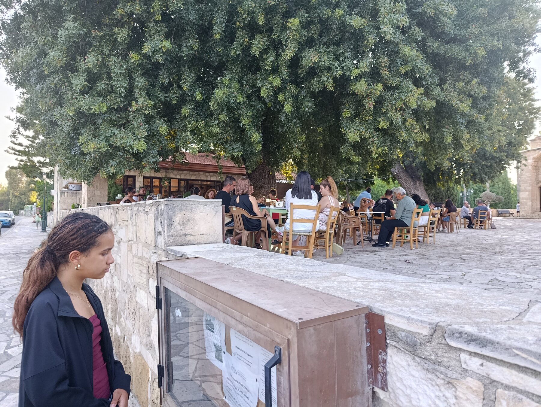 A pilgrim reading about Angeloktisti Church beneath shaded trees
